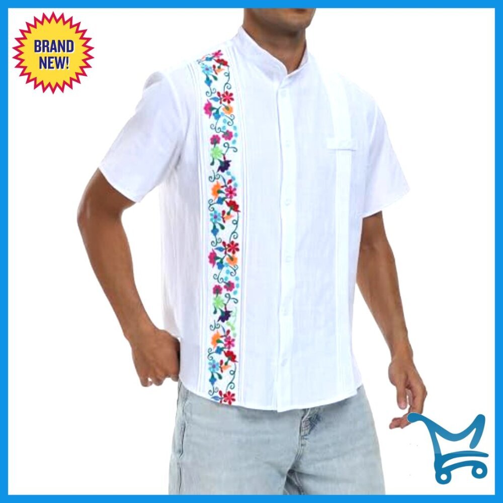 Men's Embroidered Cotton Cuban Shirt Summer Short Sleeve Button Down - Picture 5 of 7